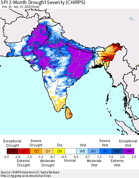Southern Asia SPI 2-Month Drought Severity (CHIRPS) Thematic Map For 2/16/2020 - 4/15/2020