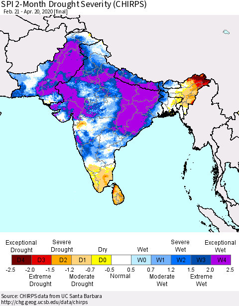 Southern Asia SPI 2-Month Drought Severity (CHIRPS) Thematic Map For 2/21/2020 - 4/20/2020