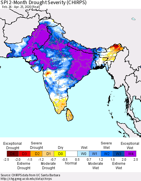 Southern Asia SPI 2-Month Drought Severity (CHIRPS) Thematic Map For 2/26/2020 - 4/25/2020