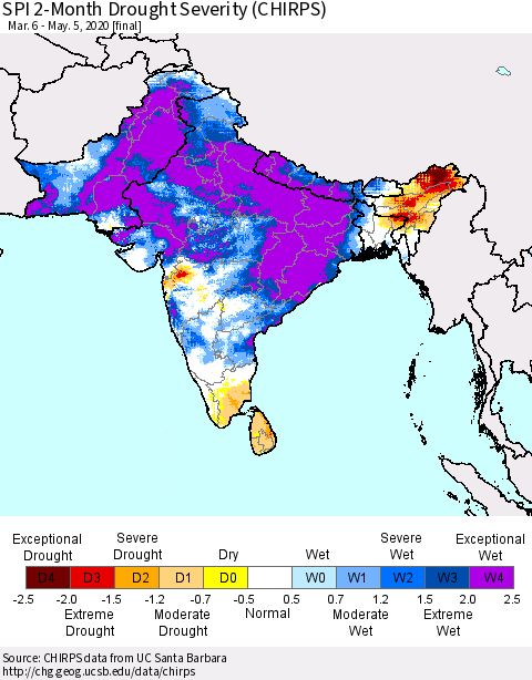 Southern Asia SPI 2-Month Drought Severity (CHIRPS) Thematic Map For 3/6/2020 - 5/5/2020