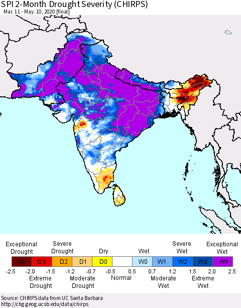 Southern Asia SPI 2-Month Drought Severity (CHIRPS) Thematic Map For 3/11/2020 - 5/10/2020