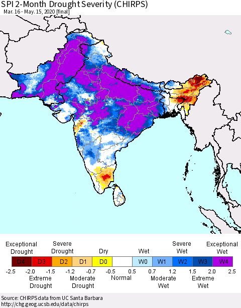 Southern Asia SPI 2-Month Drought Severity (CHIRPS) Thematic Map For 3/16/2020 - 5/15/2020