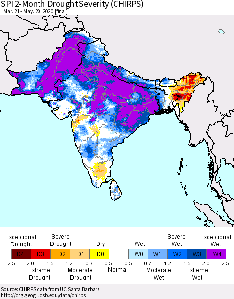 Southern Asia SPI 2-Month Drought Severity (CHIRPS) Thematic Map For 3/21/2020 - 5/20/2020
