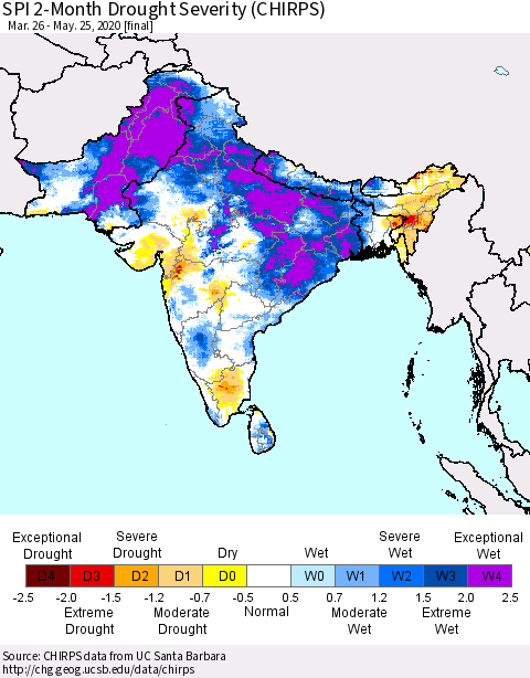 Southern Asia SPI 2-Month Drought Severity (CHIRPS) Thematic Map For 3/26/2020 - 5/25/2020