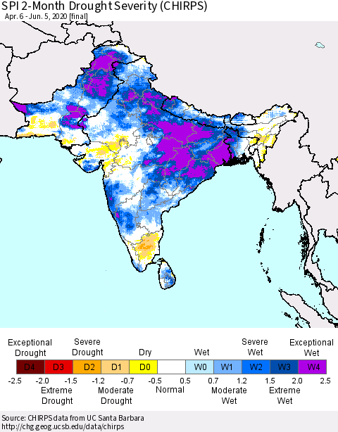 Southern Asia SPI 2-Month Drought Severity (CHIRPS) Thematic Map For 4/6/2020 - 6/5/2020