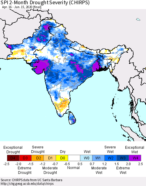 Southern Asia SPI 2-Month Drought Severity (CHIRPS) Thematic Map For 4/16/2020 - 6/15/2020