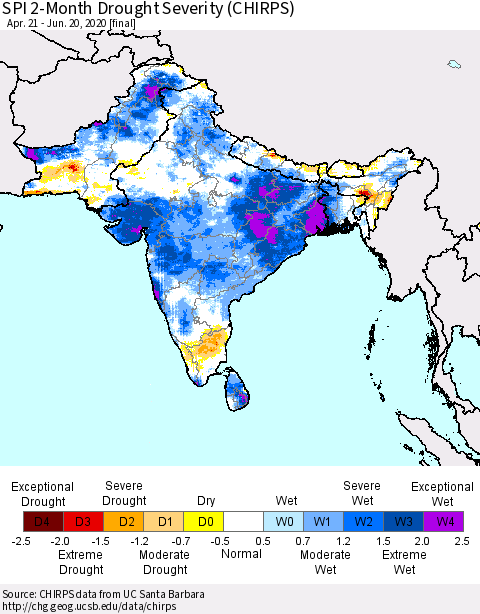 Southern Asia SPI 2-Month Drought Severity (CHIRPS) Thematic Map For 4/21/2020 - 6/20/2020