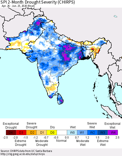 Southern Asia SPI 2-Month Drought Severity (CHIRPS) Thematic Map For 4/26/2020 - 6/25/2020