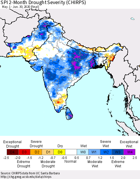 Southern Asia SPI 2-Month Drought Severity (CHIRPS) Thematic Map For 5/1/2020 - 6/30/2020