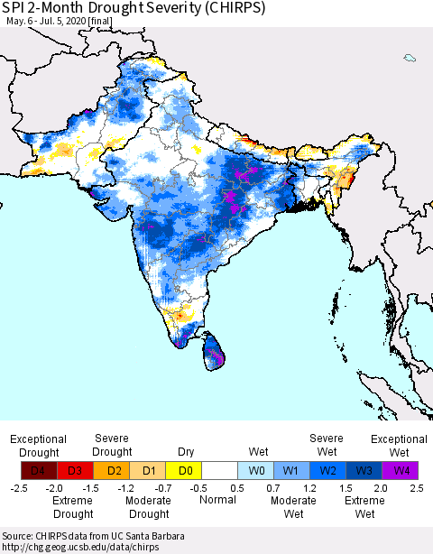 Southern Asia SPI 2-Month Drought Severity (CHIRPS) Thematic Map For 5/6/2020 - 7/5/2020