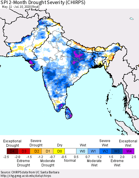 Southern Asia SPI 2-Month Drought Severity (CHIRPS) Thematic Map For 5/11/2020 - 7/10/2020