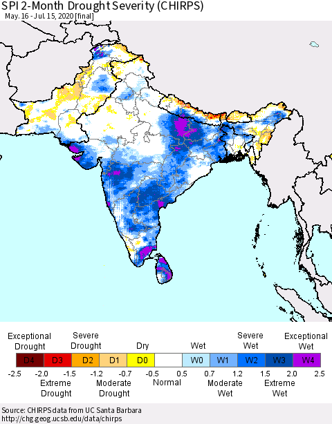 Southern Asia SPI 2-Month Drought Severity (CHIRPS) Thematic Map For 5/16/2020 - 7/15/2020
