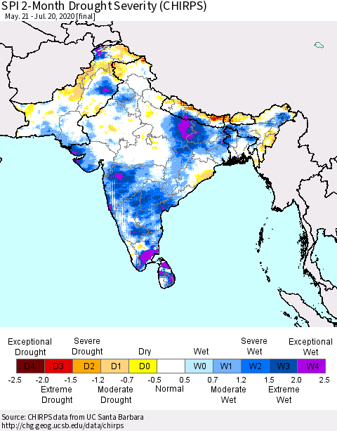 Southern Asia SPI 2-Month Drought Severity (CHIRPS) Thematic Map For 5/21/2020 - 7/20/2020