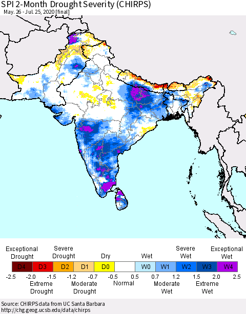 Southern Asia SPI 2-Month Drought Severity (CHIRPS) Thematic Map For 5/26/2020 - 7/25/2020