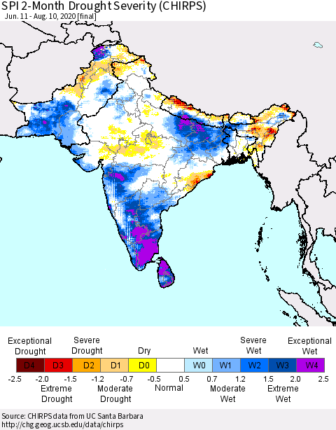 Southern Asia SPI 2-Month Drought Severity (CHIRPS) Thematic Map For 6/11/2020 - 8/10/2020