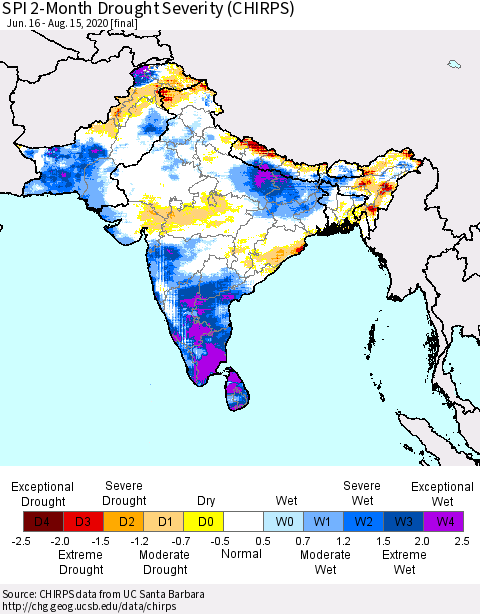 Southern Asia SPI 2-Month Drought Severity (CHIRPS) Thematic Map For 6/16/2020 - 8/15/2020