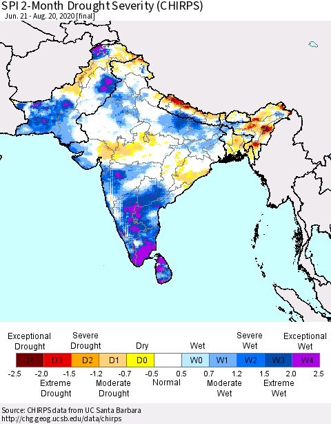 Southern Asia SPI 2-Month Drought Severity (CHIRPS) Thematic Map For 6/21/2020 - 8/20/2020