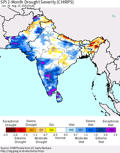 Southern Asia SPI 2-Month Drought Severity (CHIRPS) Thematic Map For 6/26/2020 - 8/25/2020