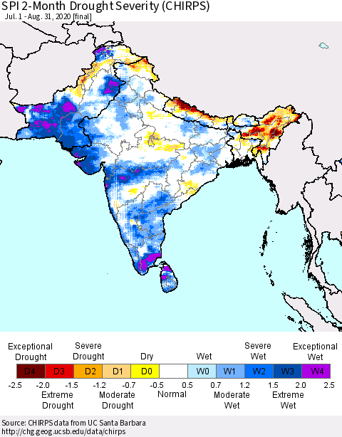 Southern Asia SPI 2-Month Drought Severity (CHIRPS) Thematic Map For 7/1/2020 - 8/31/2020