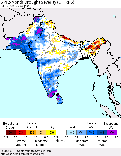 Southern Asia SPI 2-Month Drought Severity (CHIRPS) Thematic Map For 7/6/2020 - 9/5/2020