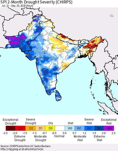 Southern Asia SPI 2-Month Drought Severity (CHIRPS) Thematic Map For 7/21/2020 - 9/20/2020