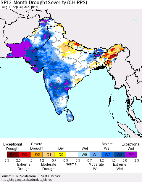 Southern Asia SPI 2-Month Drought Severity (CHIRPS) Thematic Map For 8/1/2020 - 9/30/2020