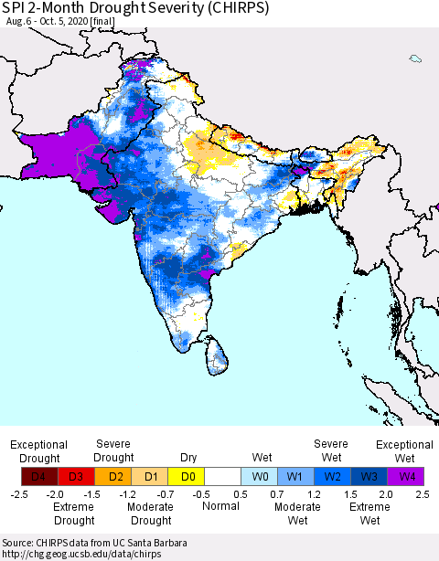 Southern Asia SPI 2-Month Drought Severity (CHIRPS) Thematic Map For 8/6/2020 - 10/5/2020