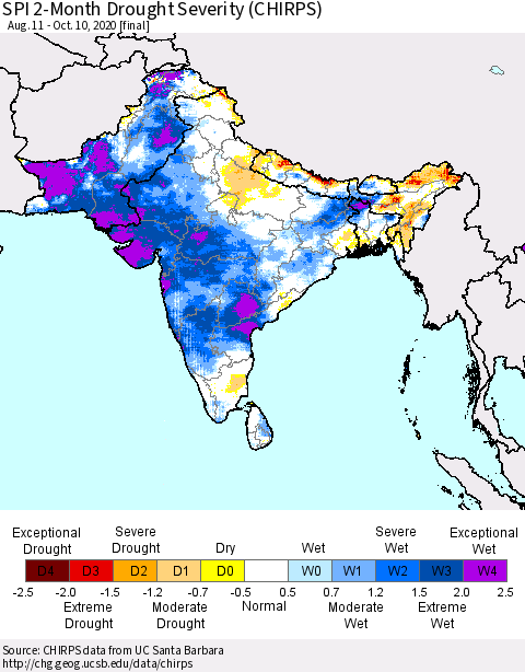 Southern Asia SPI 2-Month Drought Severity (CHIRPS) Thematic Map For 8/11/2020 - 10/10/2020