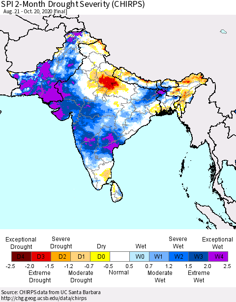 Southern Asia SPI 2-Month Drought Severity (CHIRPS) Thematic Map For 8/21/2020 - 10/20/2020