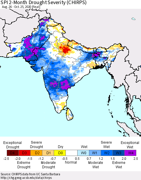 Southern Asia SPI 2-Month Drought Severity (CHIRPS) Thematic Map For 8/26/2020 - 10/25/2020