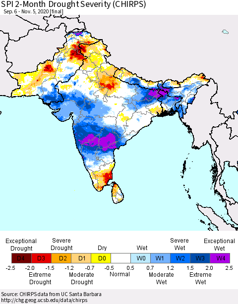 Southern Asia SPI 2-Month Drought Severity (CHIRPS) Thematic Map For 9/6/2020 - 11/5/2020