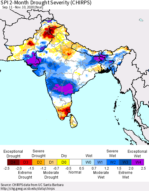 Southern Asia SPI 2-Month Drought Severity (CHIRPS) Thematic Map For 9/11/2020 - 11/10/2020