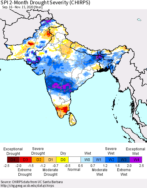 Southern Asia SPI 2-Month Drought Severity (CHIRPS) Thematic Map For 9/16/2020 - 11/15/2020