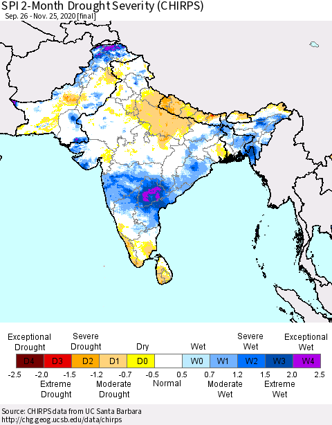 Southern Asia SPI 2-Month Drought Severity (CHIRPS) Thematic Map For 9/26/2020 - 11/25/2020
