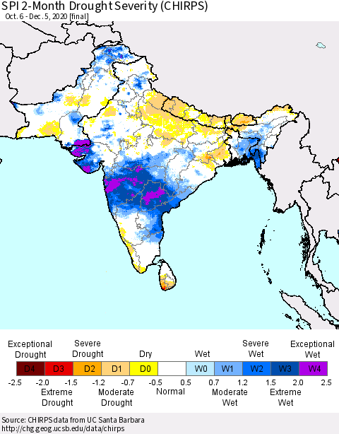 Southern Asia SPI 2-Month Drought Severity (CHIRPS) Thematic Map For 10/6/2020 - 12/5/2020