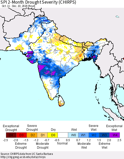 Southern Asia SPI 2-Month Drought Severity (CHIRPS) Thematic Map For 10/11/2020 - 12/10/2020