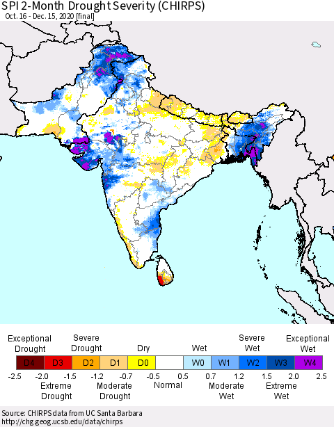 Southern Asia SPI 2-Month Drought Severity (CHIRPS) Thematic Map For 10/16/2020 - 12/15/2020