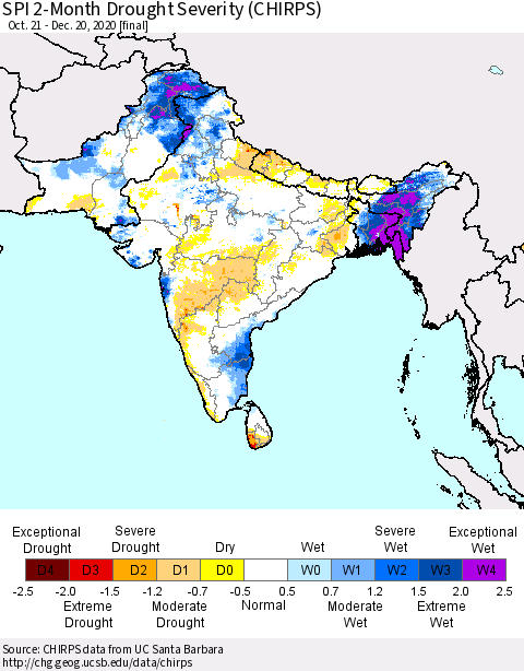 Southern Asia SPI 2-Month Drought Severity (CHIRPS) Thematic Map For 10/21/2020 - 12/20/2020