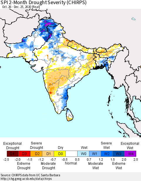 Southern Asia SPI 2-Month Drought Severity (CHIRPS) Thematic Map For 10/26/2020 - 12/25/2020
