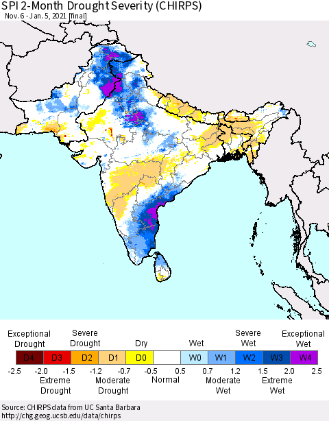 Southern Asia SPI 2-Month Drought Severity (CHIRPS) Thematic Map For 11/6/2020 - 1/5/2021