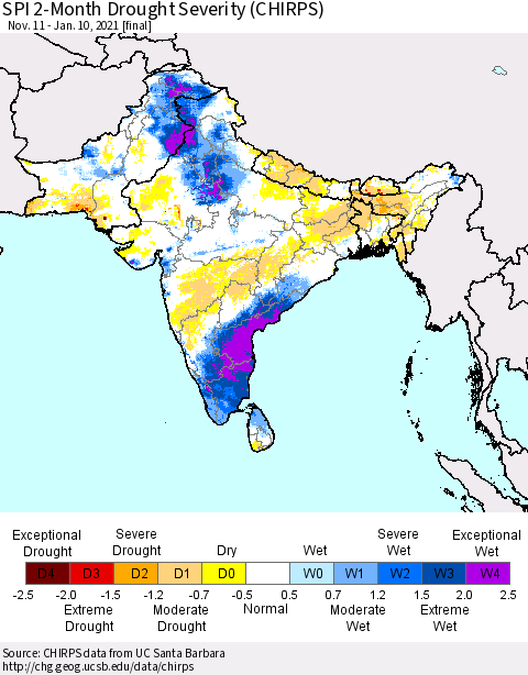 Southern Asia SPI 2-Month Drought Severity (CHIRPS) Thematic Map For 11/11/2020 - 1/10/2021