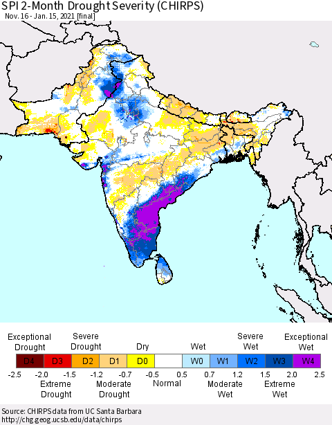 Southern Asia SPI 2-Month Drought Severity (CHIRPS) Thematic Map For 11/16/2020 - 1/15/2021
