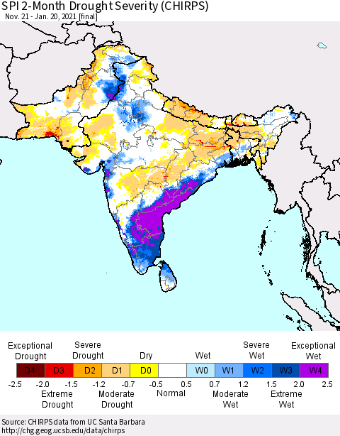 Southern Asia SPI 2-Month Drought Severity (CHIRPS) Thematic Map For 11/21/2020 - 1/20/2021