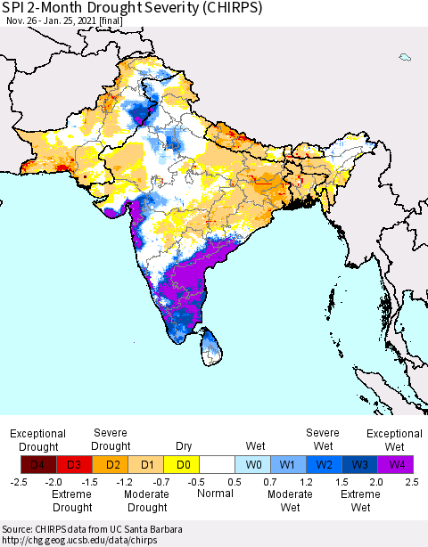 Southern Asia SPI 2-Month Drought Severity (CHIRPS) Thematic Map For 11/26/2020 - 1/25/2021