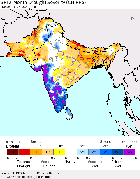 Southern Asia SPI 2-Month Drought Severity (CHIRPS) Thematic Map For 12/6/2020 - 2/5/2021