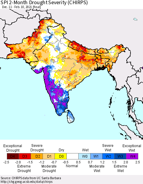Southern Asia SPI 2-Month Drought Severity (CHIRPS) Thematic Map For 12/11/2020 - 2/10/2021