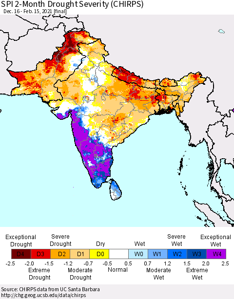 Southern Asia SPI 2-Month Drought Severity (CHIRPS) Thematic Map For 12/16/2020 - 2/15/2021