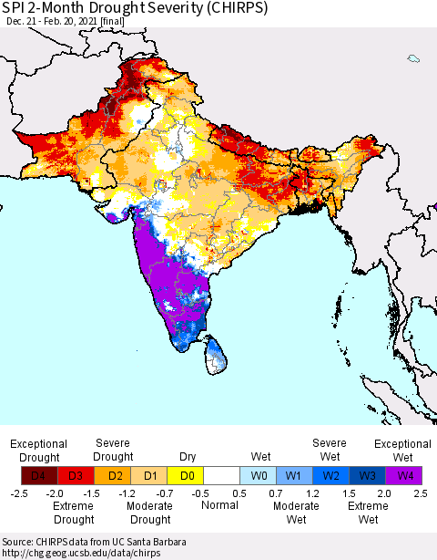 Southern Asia SPI 2-Month Drought Severity (CHIRPS) Thematic Map For 12/21/2020 - 2/20/2021