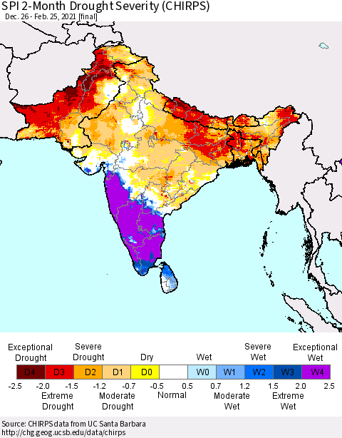 Southern Asia SPI 2-Month Drought Severity (CHIRPS) Thematic Map For 12/26/2020 - 2/25/2021