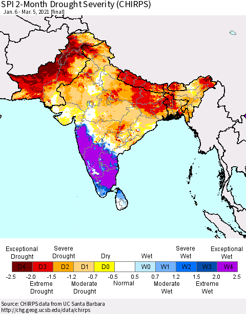 Southern Asia SPI 2-Month Drought Severity (CHIRPS) Thematic Map For 1/6/2021 - 3/5/2021